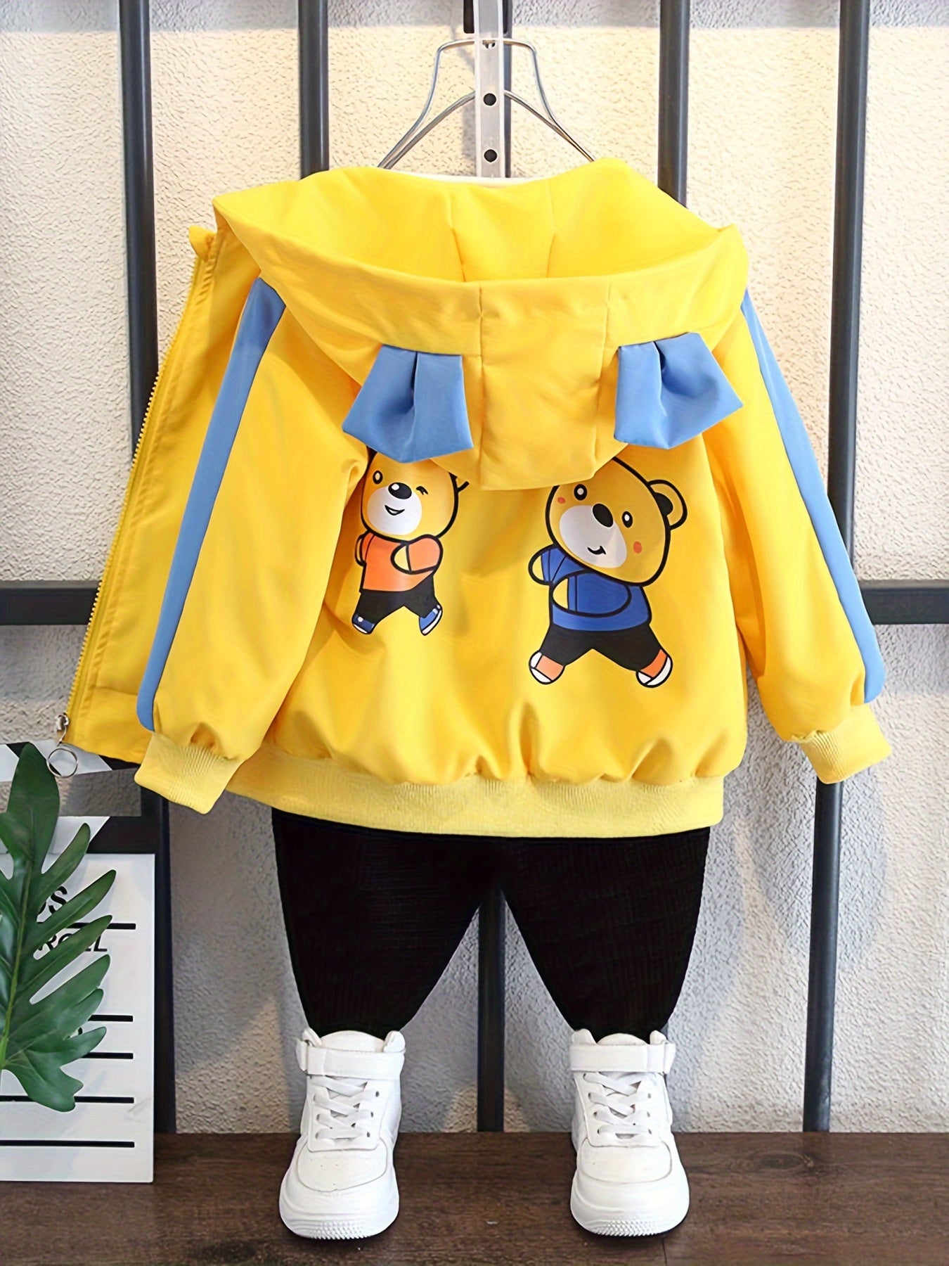 Boys' Lightweight Hooded Jacket with Bear Cartoon Print - Yellow with Blue Trim and Bow Details - Ideal for Spring and Fall, Kids' Outerwear | Vibrant Youngsters' Fashion | Easy Zipper, Boy