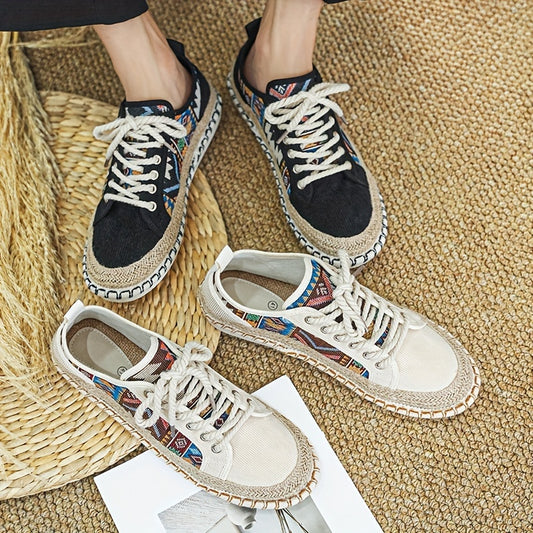 Trendy tribal sneakers with lace-up design, lightweight espadrilles, durable non-slip sole, breathable summer shoes for women.