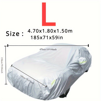 Car cover with UV and dust protection, suitable for cars, pickups, SUVs, and hatchbacks. Features reflective strip for added protection. Suitable for outdoor use.