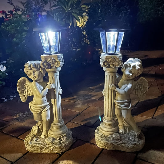 Outdoor Solar Angel Statue with Roman Column design doubles as a street lamp and garden decoration.