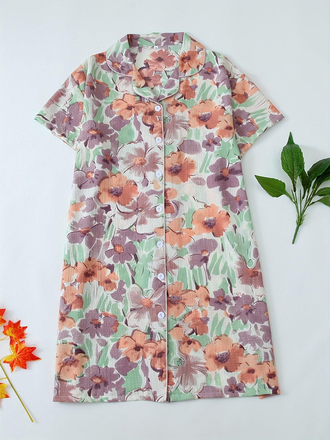 Plus Size Floral Print Boho Sleep Dress with Button Up, Short Sleeves