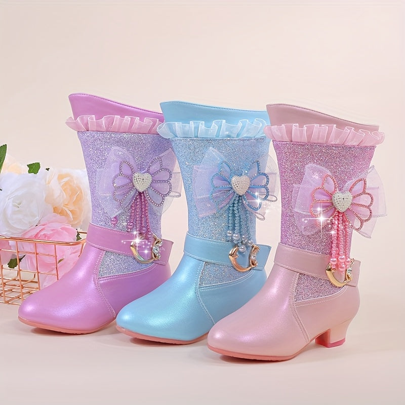 Princess boots for winter with velvet, snow, and bows.