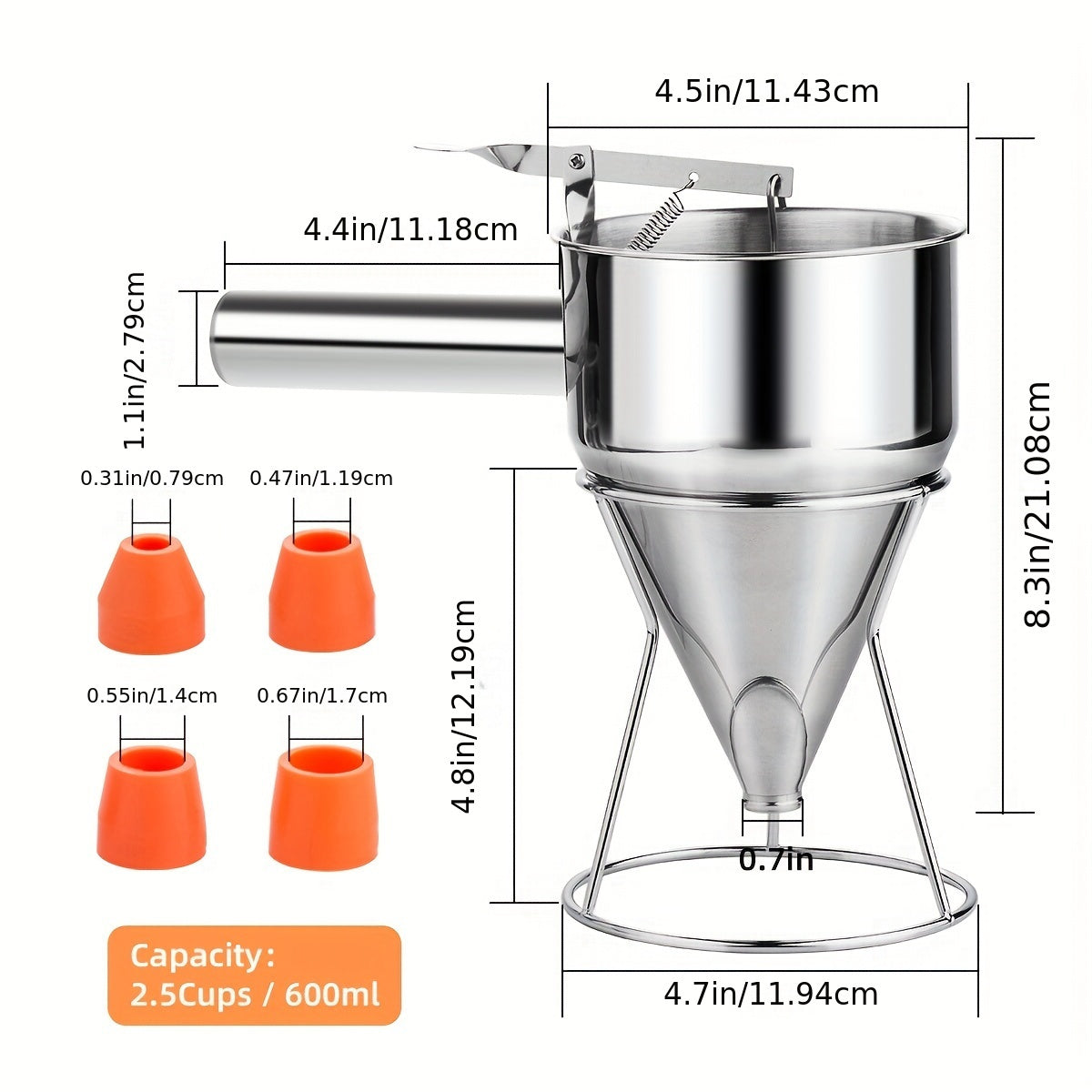 [Eng yaxshi tanlov] 4 ta kalibrli funnel keki dispenseri va stendi bilan zanglamaydigan po'latdan pancake xamirini dispenseri - pancake, cupcake va pishirilgan mahsulotlar uchun mukammal