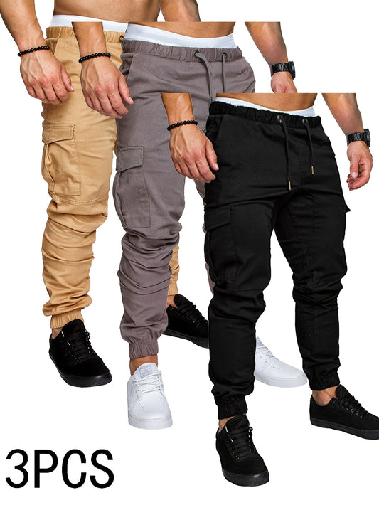 3-Pack men's casual cotton cargo pants with drawstring waist, standard fit, regular length, and solid color woven fabric.