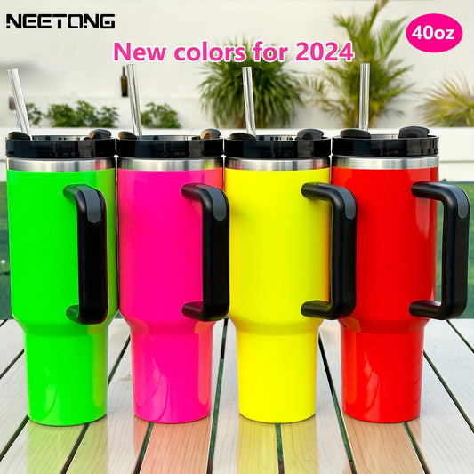 40oz insulated water bottle with handle, fluorescent color tumbler with lid, ideal for car, home, office, or travel; great summer drinkware and birthday gift option.