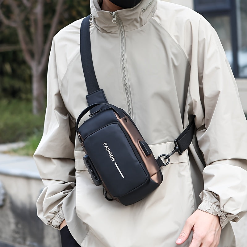 Men's sling bag made of durable Oxford fabric in blue and black. Features a phone pocket, zip closure, and is suitable for daily commute.