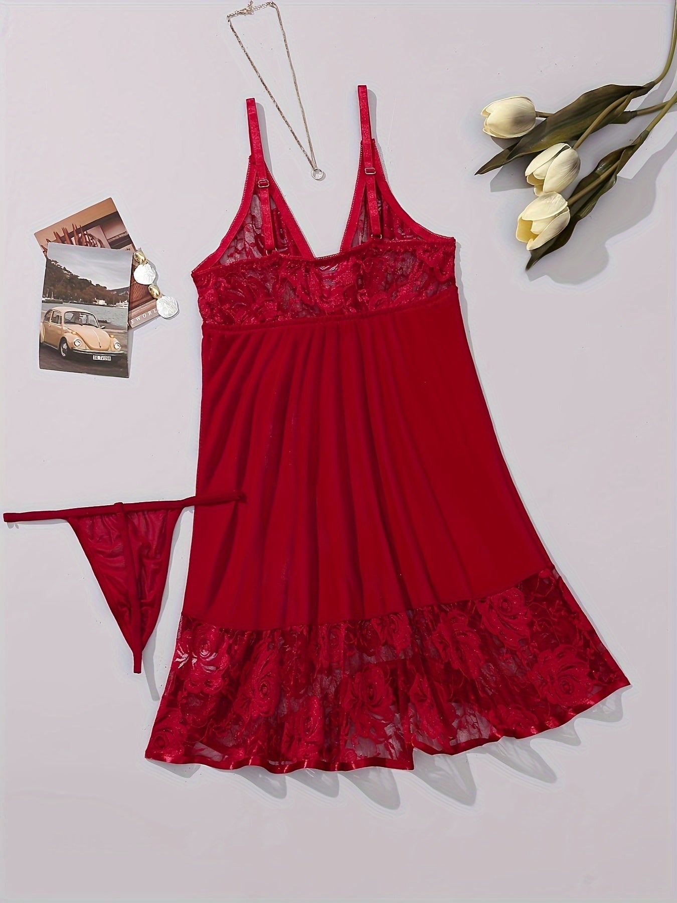 Red lace and mesh slip dress with thong set - featuring V-neck with bow detail, semi-sheer polyester blend, hand washable lingerie.