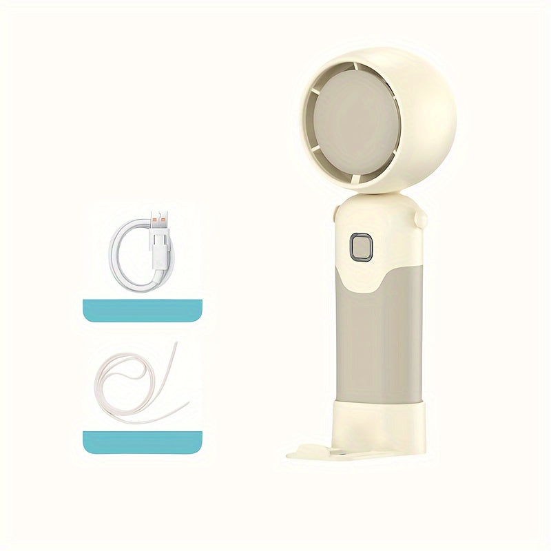 Portable USB charging fan with three-speed wind adjustment, foldable design, and multi-functional capability suitable for various scenarios, including handheld use, desktop placement, and wearing on a halter during summer months.