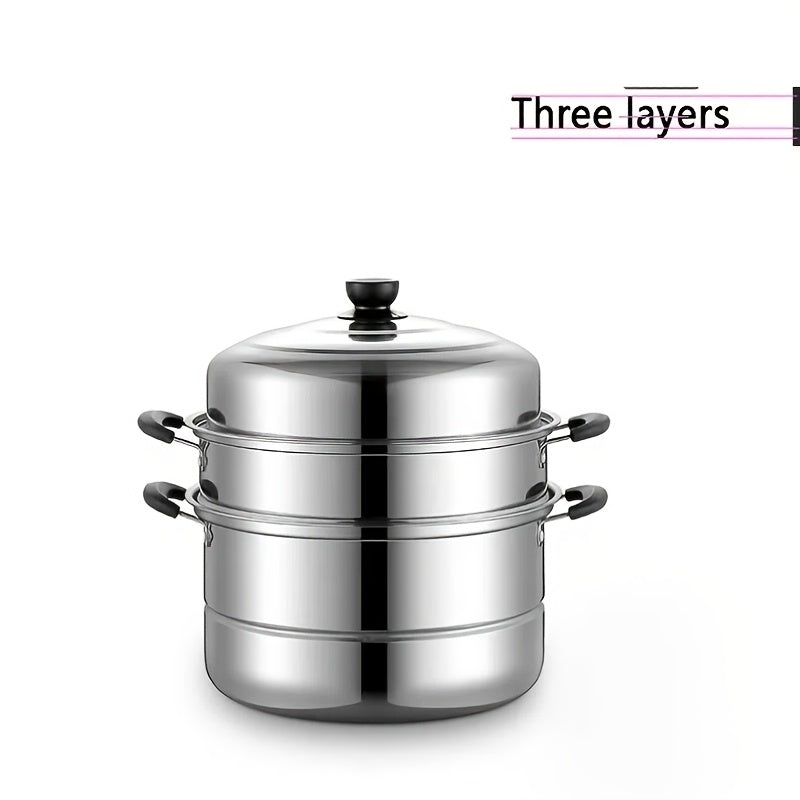 Stainless Steel Steamer Pot with Lid - Versatile Double-Layer Design, Suitable for Induction Cooktops - Perfect for Buns, Mantou, and Soup - Sturdy and Durable Construction, No Electricity Required