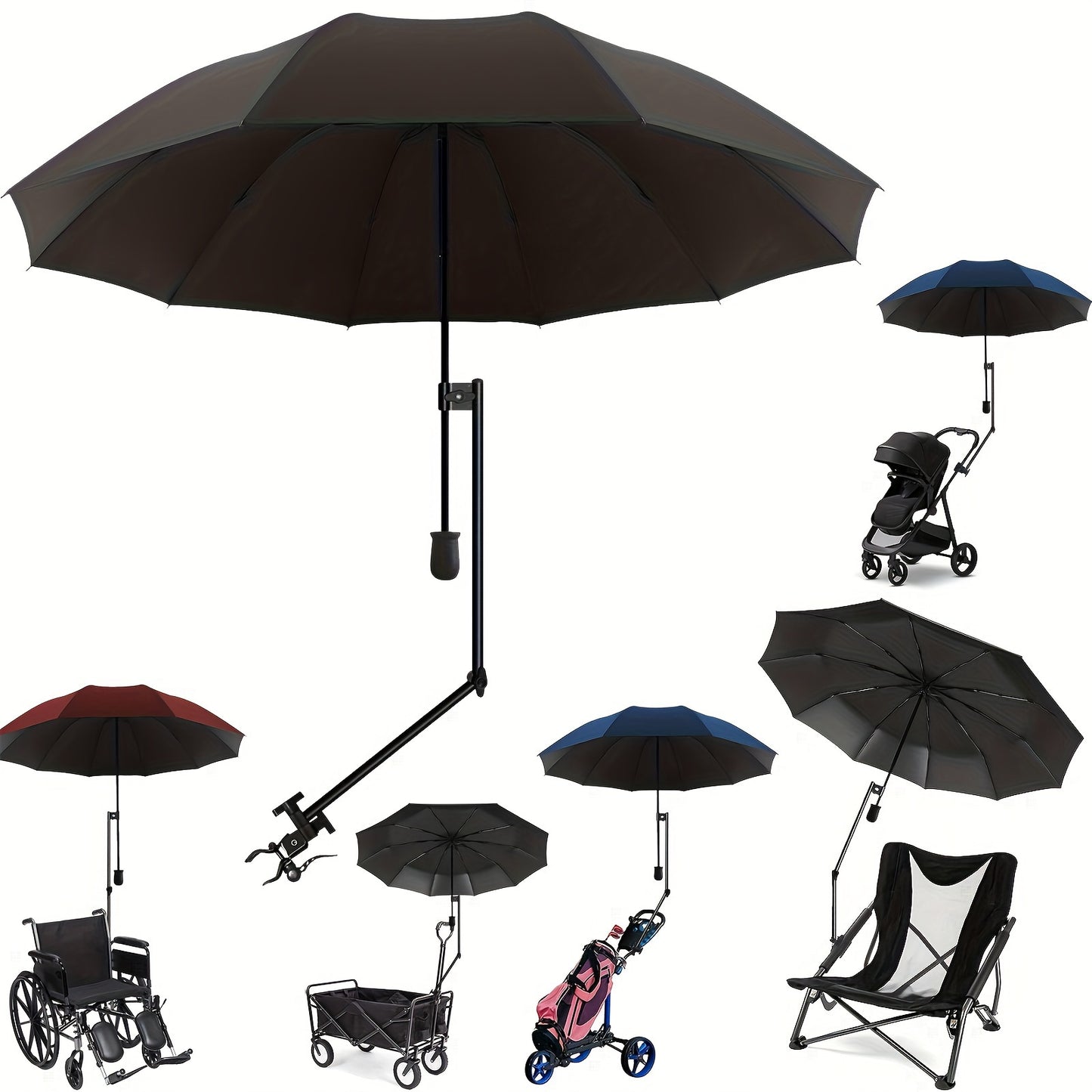 Portable sun umbrella with UPF50+ protection, adjustable clamp, manual open/close, UV-resistant polyester fabric, iron shaft - ideal for beach chair, golf cart, stroller.