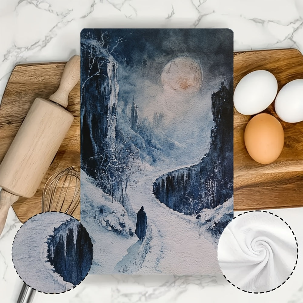 Two pieces of ultra soft kitchen towels featuring the Painted World of Ariandel design. These highly absorbent and machine washable dish hand towels measure 40.64x60.96 cm, making them ideal for holiday decor and drying dishes.