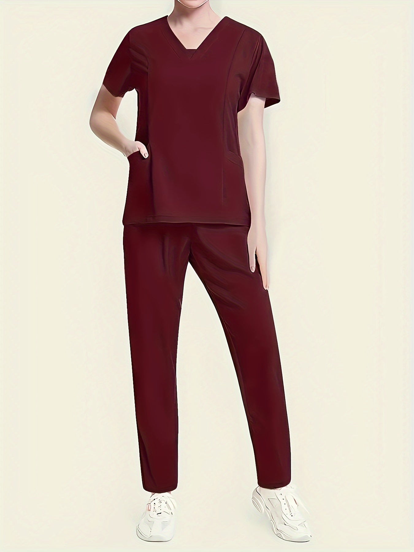 Women's V-Neck Scrub Set in Red, Polyester Blend, Short Sleeve, Machine Washable, with Pockets.