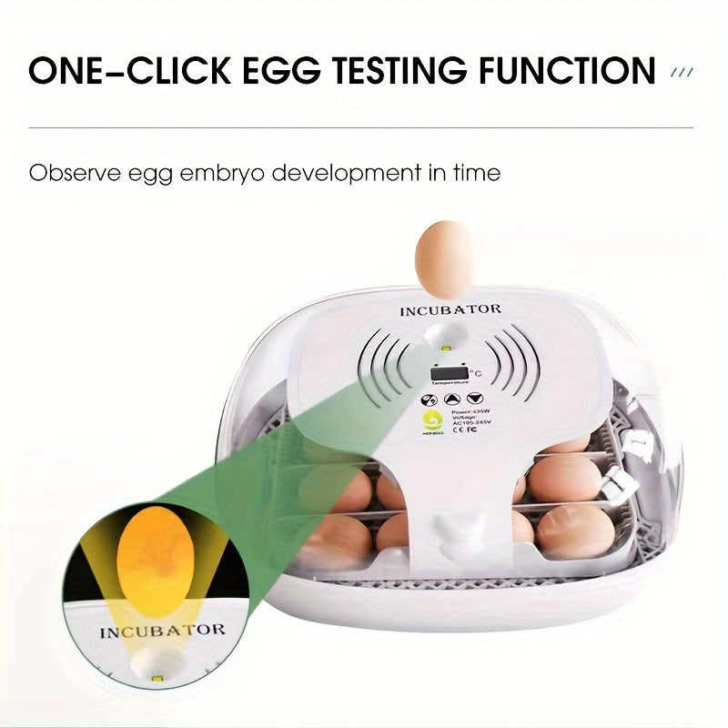 Fully automatic 16 egg incubator with turning and humidity control for incubating various types of domestic animal eggs.