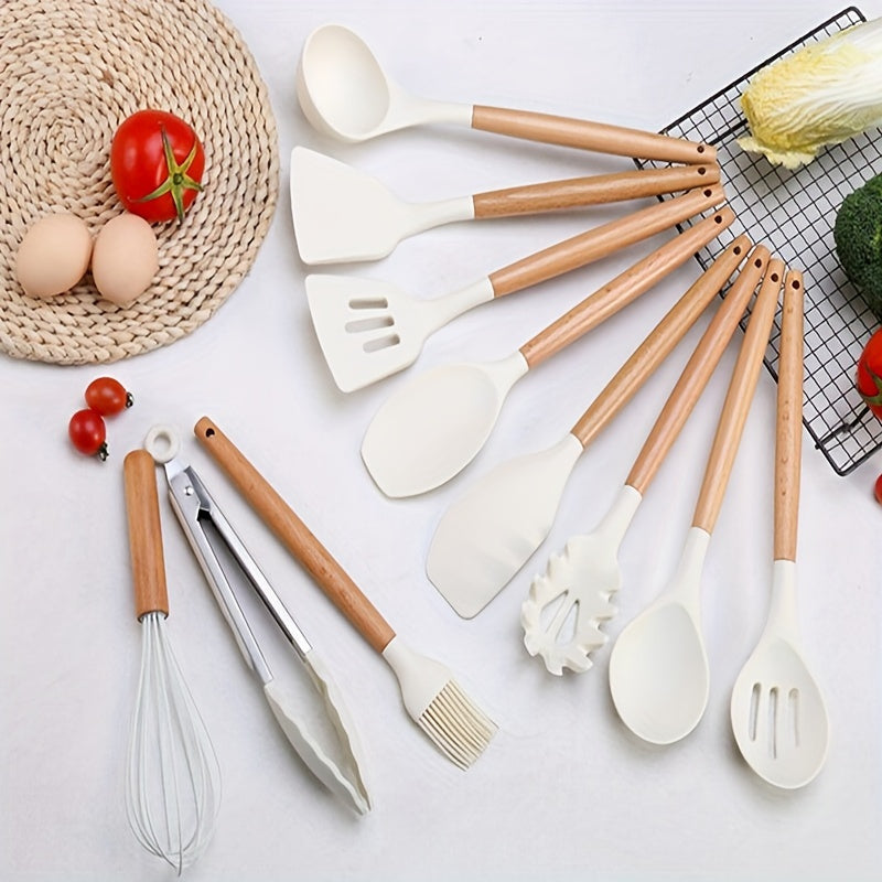 Complete your kitchen collection with the 43-piece Ultimate Kitchen Utensil Set. This set includes a variety of silicone and stainless steel cooking tools with stylish wooden handles, perfect for baking, grilling, and more. The set features spatulas