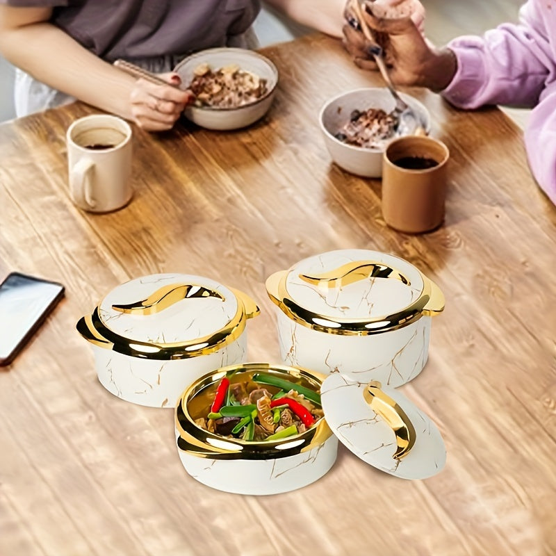 Set of 3 thermal casserole dishes with stainless steel construction and lids - Keeps food insulated for hot and cold meals, perfect for serving on buffets or office tables. Ideal for keeping dishes warm and fresh.