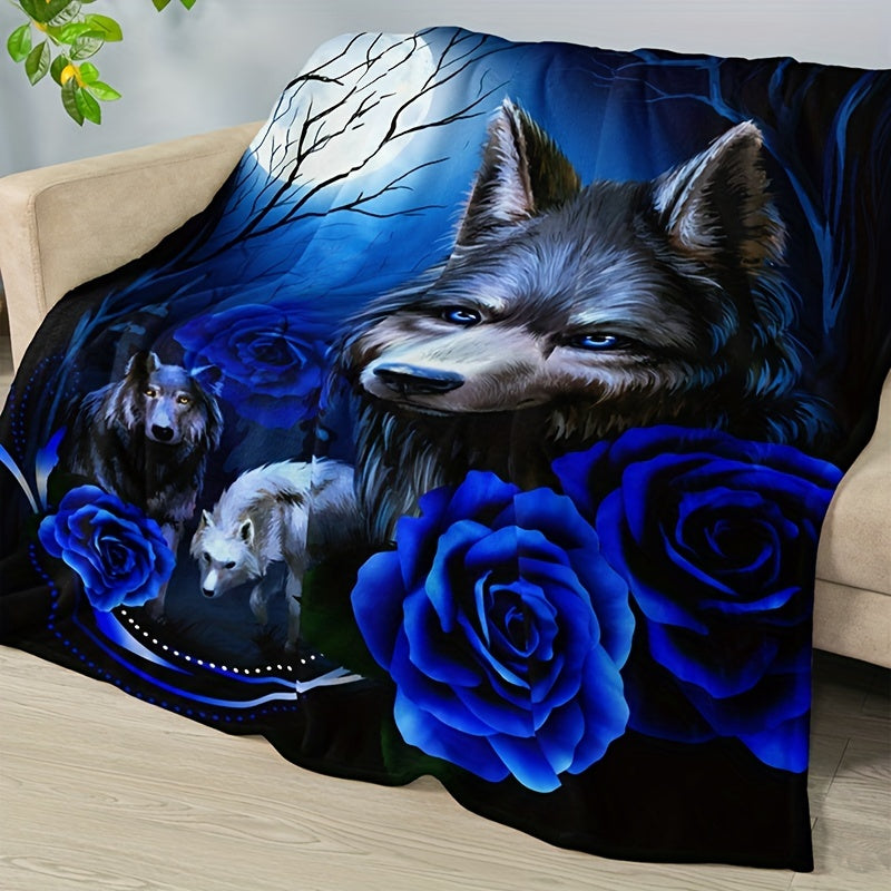 Stay warm and stylish with this Wolf and Roses Design Flannel Throw Blanket. Featuring a contemporary animal theme, this cozy knitted polyester bedding is perfect for all seasons. Hand wash only, this lightweight blanket provides 200-250g of warmth