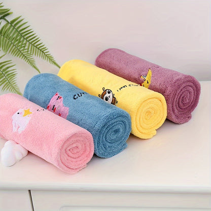 Ultra-absorbent microfiber hair towel wrap in cute cartoon designs - quick dry, lightweight shower cap for women. Available in blue, purple, yellow, pink. Soft and comfortable polyester blend.