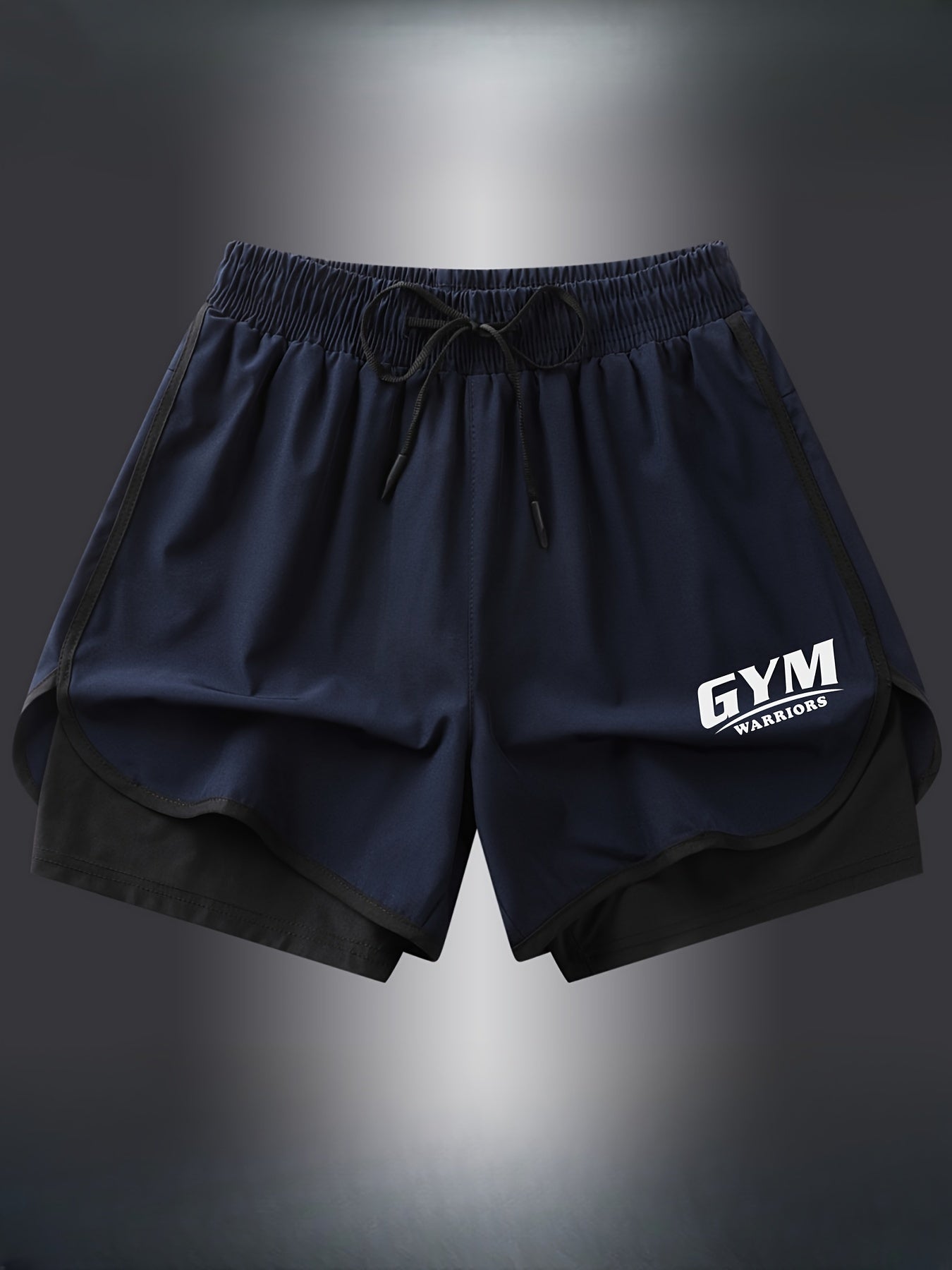 Men's navy blue athletic shorts with black accents, quick-dry, breathable, elastic waistband with drawstring, made of polyester and spandex blend.