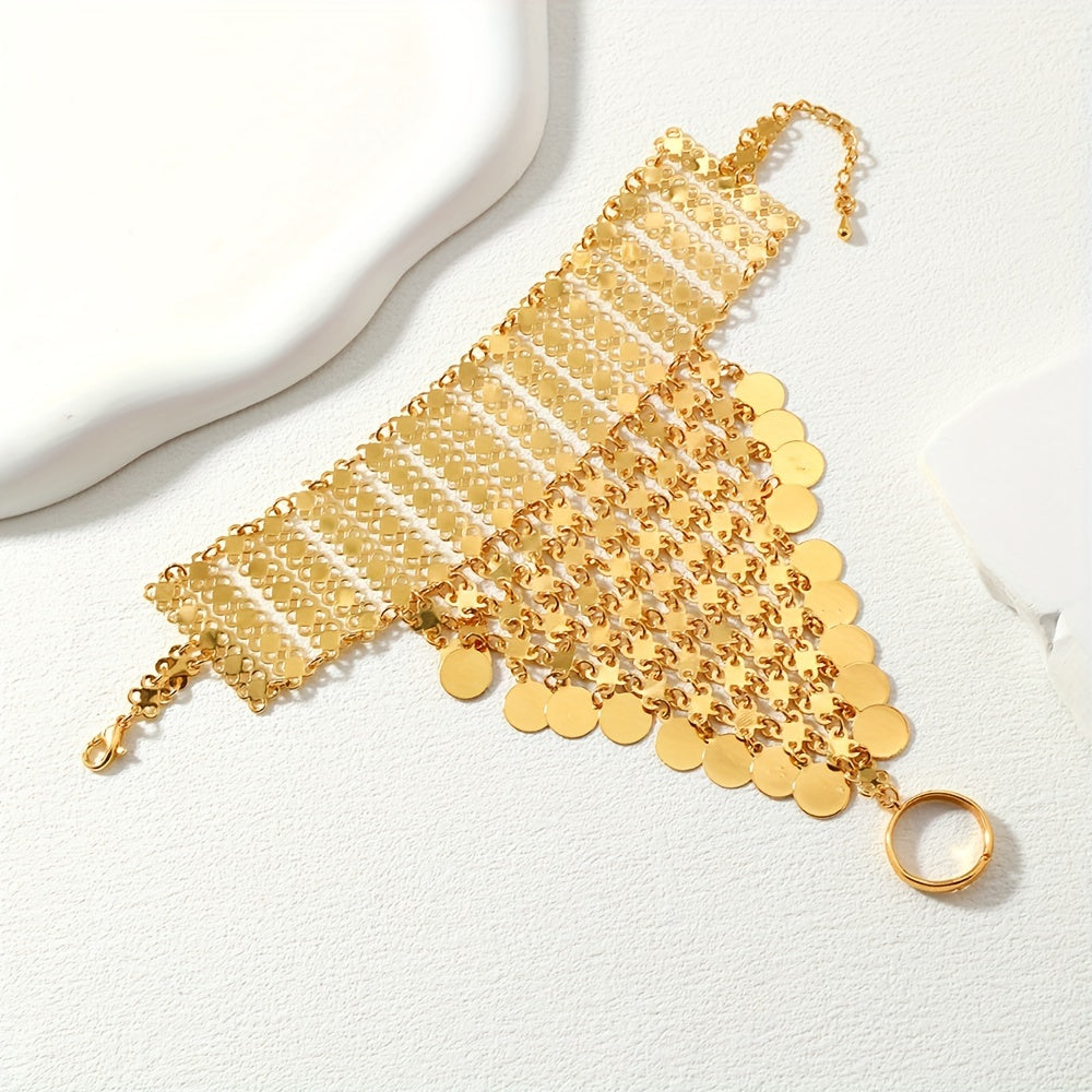 Stylish Boho Hand Chain Bracelet in 24k Gold Plating with Coin Chain and Tassel Detail, Perfect for Belly Dancing and Bollywood Style, Elegant Back Jewelry for Women