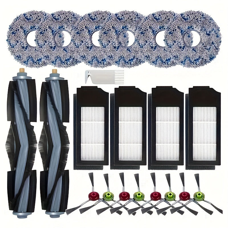 Kit includes 2 main brushes, 4 HEPA filters, 8 side brushes, and 6 mop pads for Ecovacs Deebot X1 Omni / T10 Omni robotic vacuums.