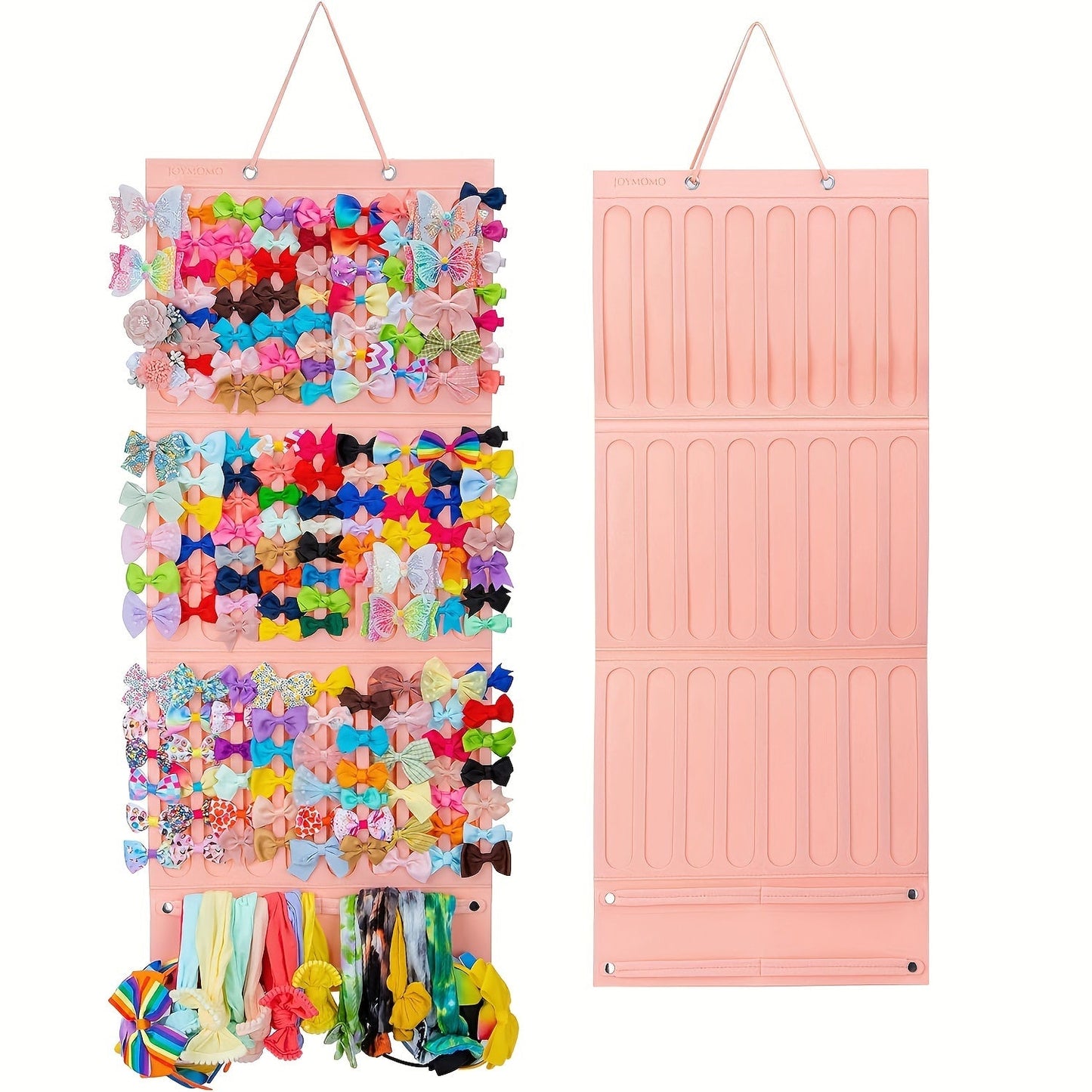 Storage box for headbands, hair clips, hair ties, and hair rings designed to hold women's hair accessories in a convenient bow hair clip holder.