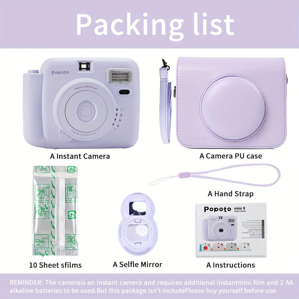 Popoto Purple Instant Camera Combo includes Mini11/12, 10 Film Sheets, PU Case, Strap, Selfie Lens, ND Filter - ideal for gifts, parties, weddings. AA batteries not included.