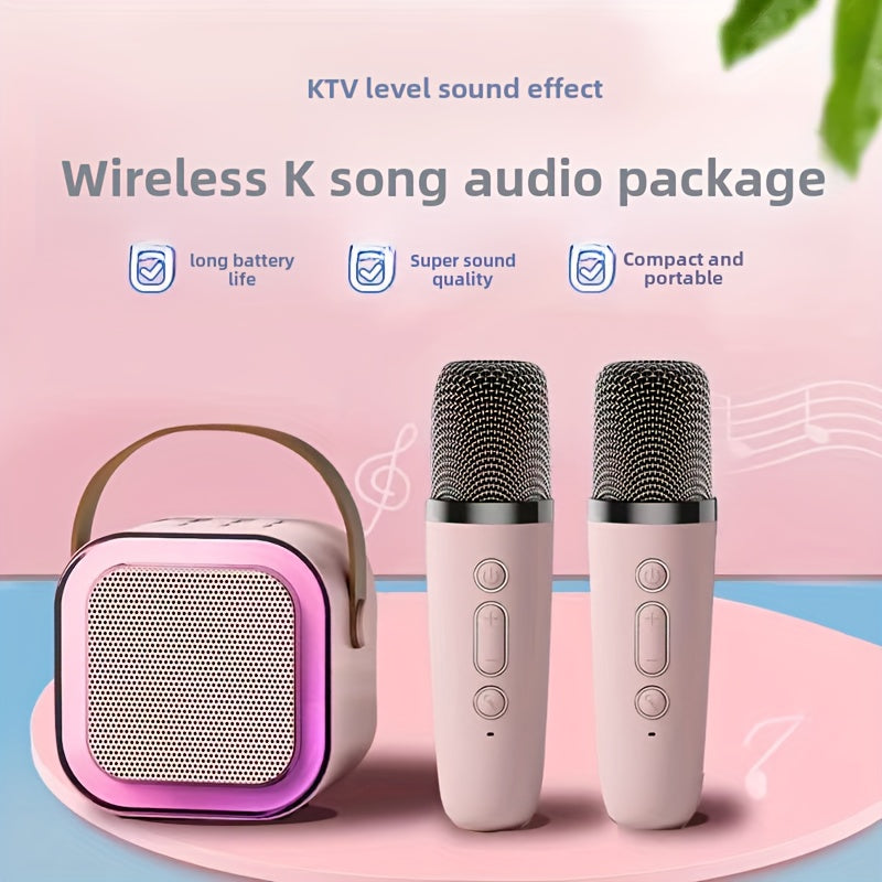 Portable mini karaoke machine with 2 wireless mics ideal for youngsters' birthday parties and family fun, USB rechargeable speaker.