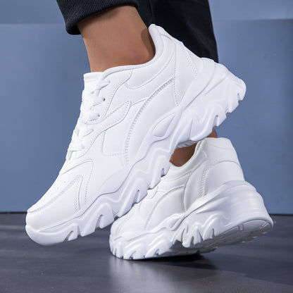 Men's White Chunky Sneakers with low top lace-up design, PU upper, fabric inner & insole, EVA sole for running and casual wear, cushioned and trendy, textured fabric shoes.