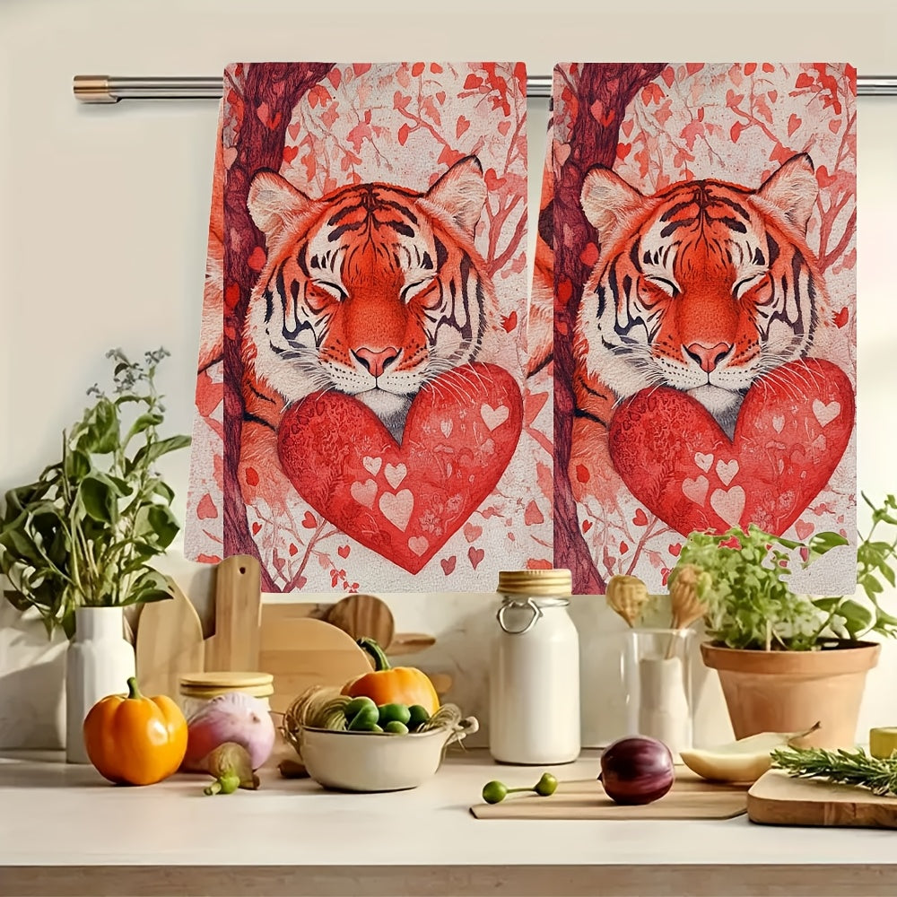 Valentine's Day Tiger Funny Tiger Kitchen Towels - Set of 2, Ultra Soft and Highly Absorbent Dish Hand Towels for Holiday Decor, Machine Washable, 16x24 Inch Dimensions - Item Number 2KYSYS1217648