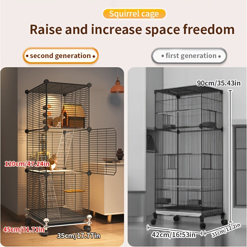 Deluxe squirrel cage with spacious villa design for small pets. Includes various accessories for easy cleaning.