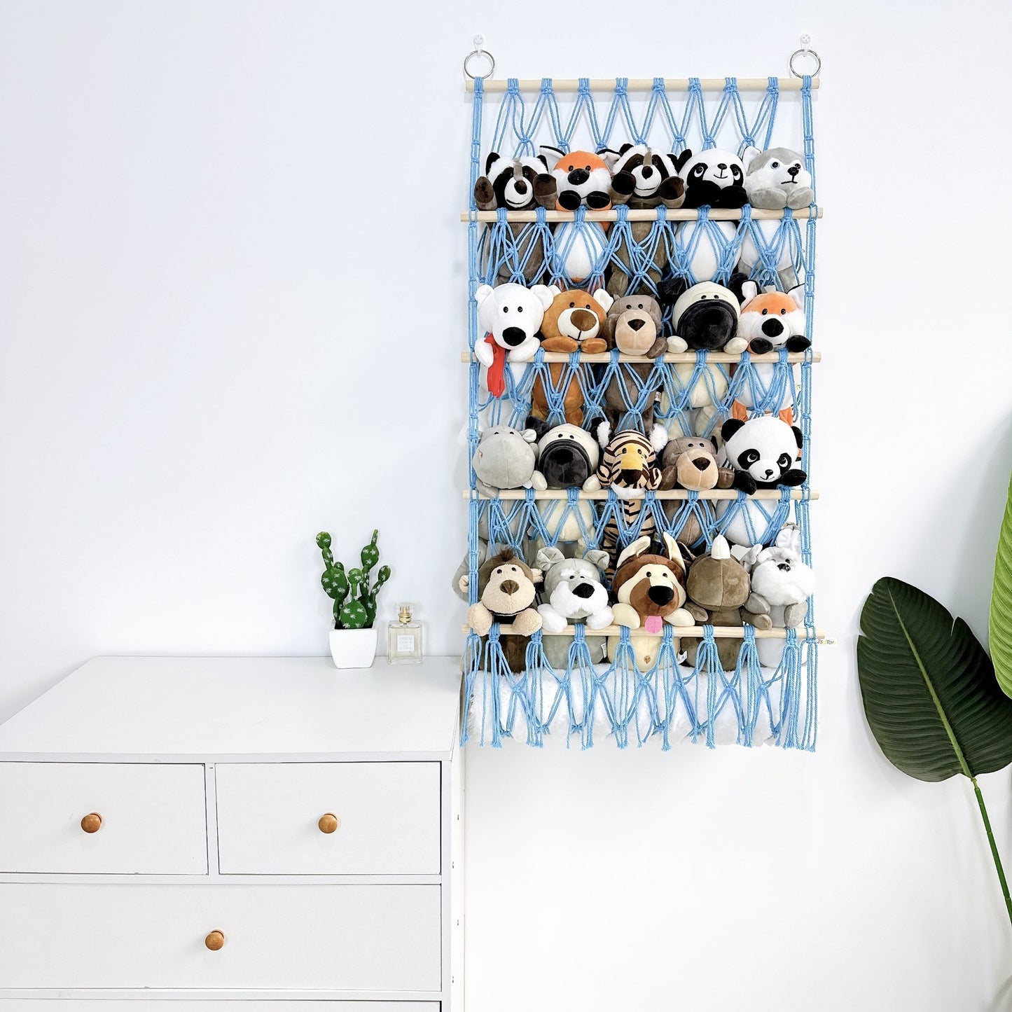 4-Tier Hanging Storage Organizer for Plush Toys & Gifts with Hooks - Ideal for Bedroom & Living Room Wall Decor.