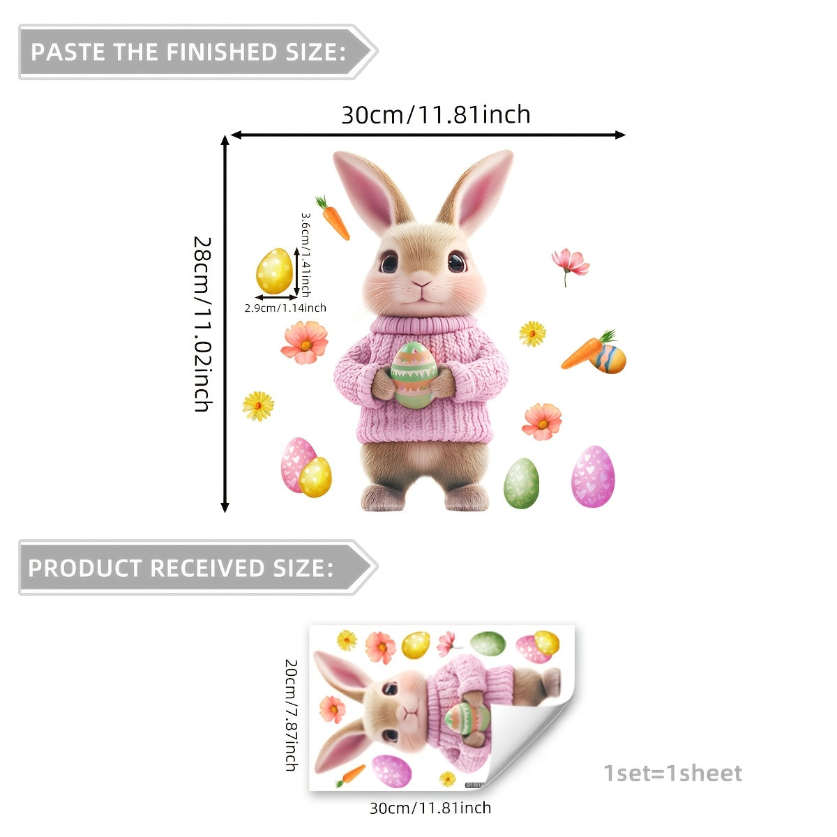 Двусторонняя наклейка на окно «Пасхальный кролик и яйцо» - 20x30 см, многоразовая ПВХ-наклейка для гостиной, спальни, ванной комнаты - современное украшение для дома
