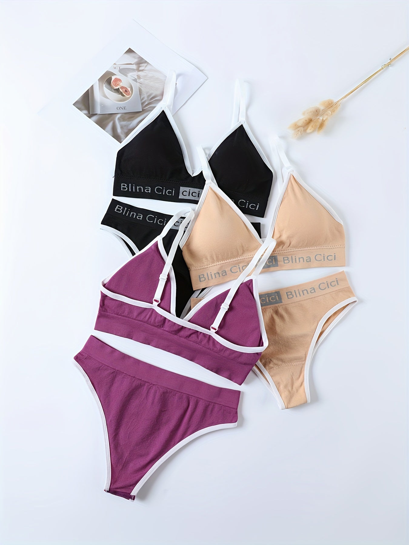 3-piece letter print lingerie set for women, includes a wireless sports bra and elastic panties.