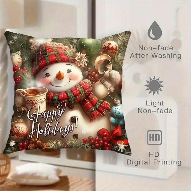 Set of 2 Christmas Snowman Throw Pillow Covers, 18x18 inches, made of durable Polyester Blend material. Easy to clean with machine washable feature. These festive Woven Square Cushion Cases are perfect for adding holiday spirit to your sofa and bedroom.