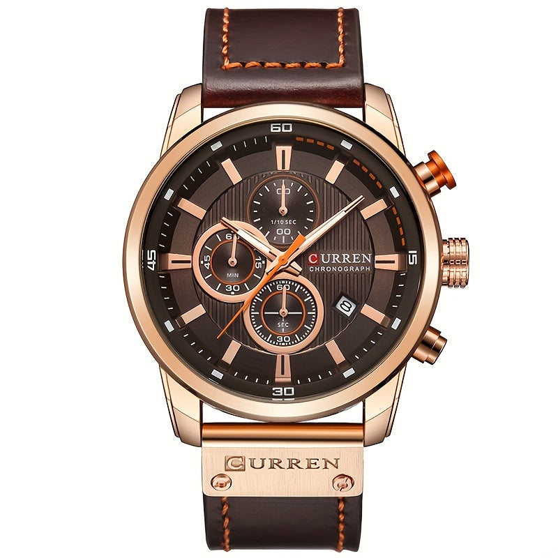 A sleek men's sports watch featuring a variety of functions, a durable PU leather strap, and an automatic date display.