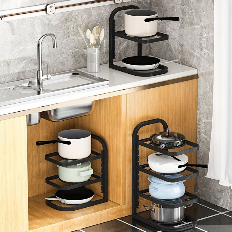 Adjustable 3-tier black stainless steel pot rack for space-saving kitchen organization in homes and restaurants. Easy to assemble and offers multi-shelved storage solution.