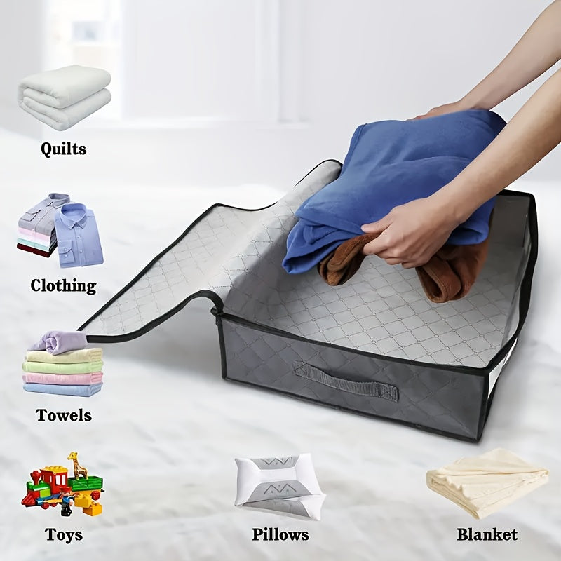 Two large capacity foldable storage bags with transparent windows and sturdy handles for easy carrying. Features a sturdy zipper closure and made of non-waterproof fabric, making it an ideal organizer for clothes, shoes, bedding, and toys. Perfect for