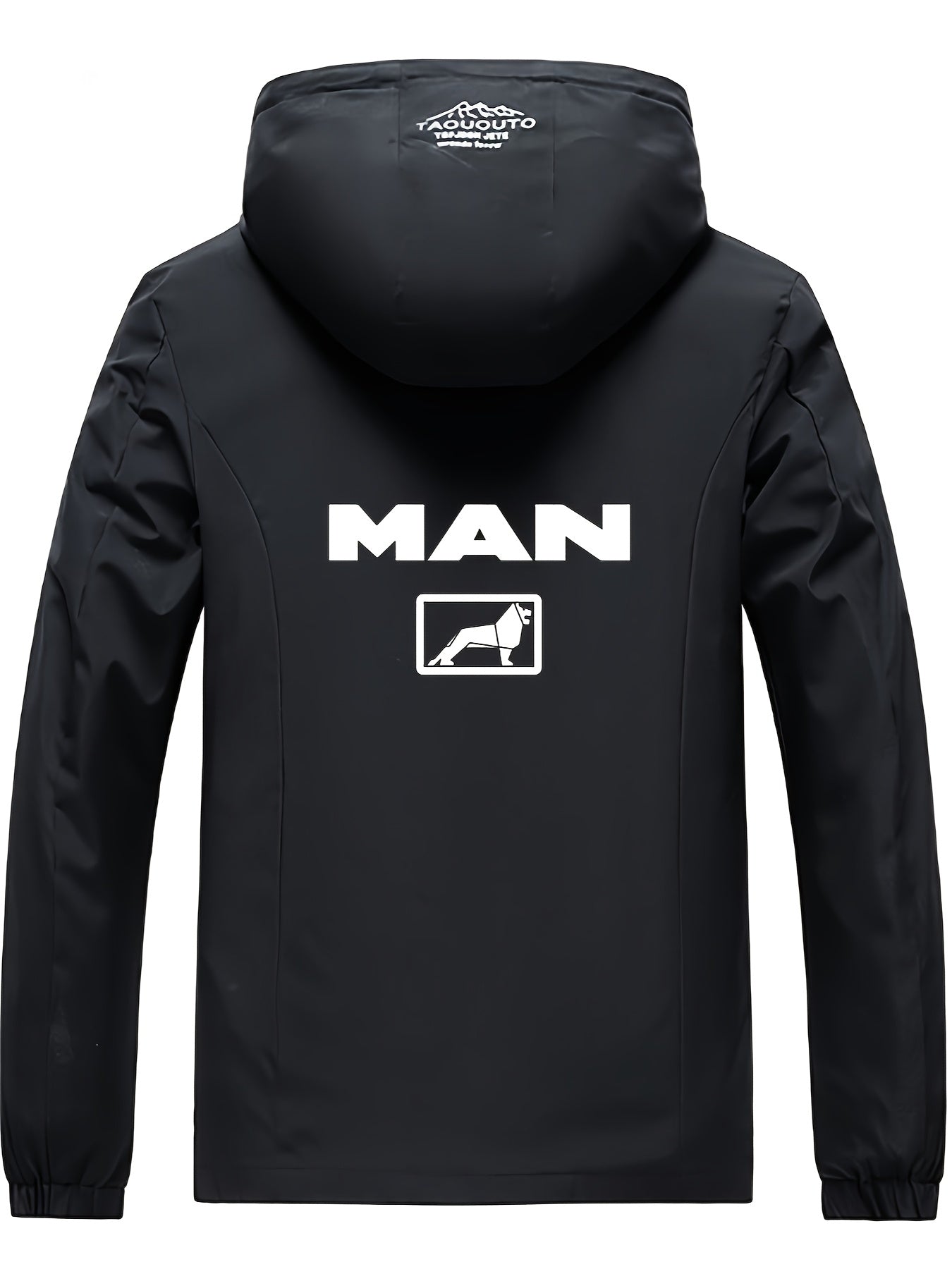 Navy blue men's outdoor jacket with "for Man" print, detachable hood, zippered pockets, made of high-quality polyester. Suitable for spring and autumn, ideal for casual outdoor wear.