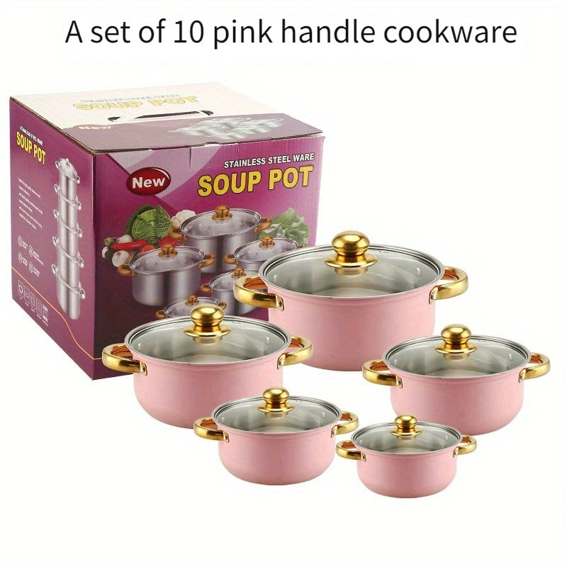 This Stainless Steel Cookware Set includes 10 pieces with lids, featuring Soup, Milk, and Sauce Pots in sizes ranging from 16.0cm to 25.4cm. Ideal for use in home kitchens.