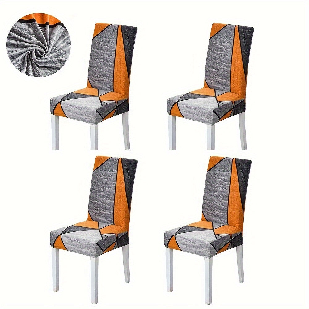 Contemporary geometric chair slipcovers in black and white. Stretchable, dustproof, lightweight fabric. Ideal for home, hotel, or restaurant decor. Easy care, machine washable. Set of 4 or 6.