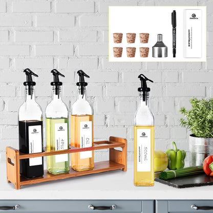 Set of 4 Vinegar and Oil Bottles with a Pure Natural Bamboo Rack, 500ml High Clarity Glass Oil Can, and Black and White Labeled Oil Separator for Organized Storage of Kitchen Oil and Vinegar