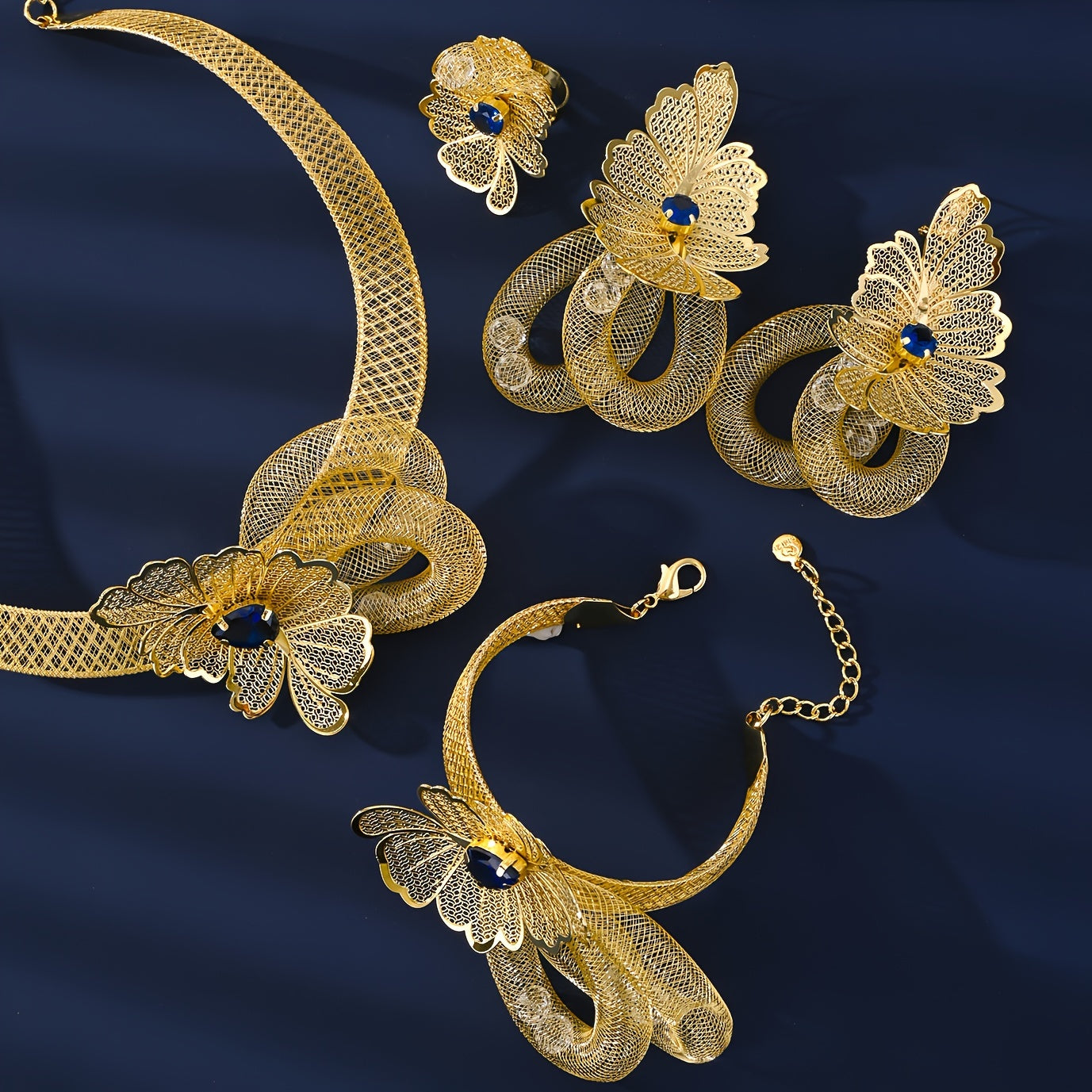 MEIZ Elegant Arabian Style Jewelry Set featuring 5 pieces, crafted with 18K Golden Plated Copper and adorned with Exaggerated Gemstone Design. Perfect for daily wear or as a thoughtful gift, this set is the ideal accessory for Mardi Gras Day celebrations.