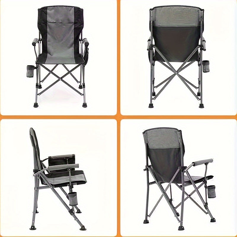 Large, portable outdoor chair made of 600D Oxford cloth with storage bag and cup holder. Ideal for camping, picnics, fishing, and outdoor events.