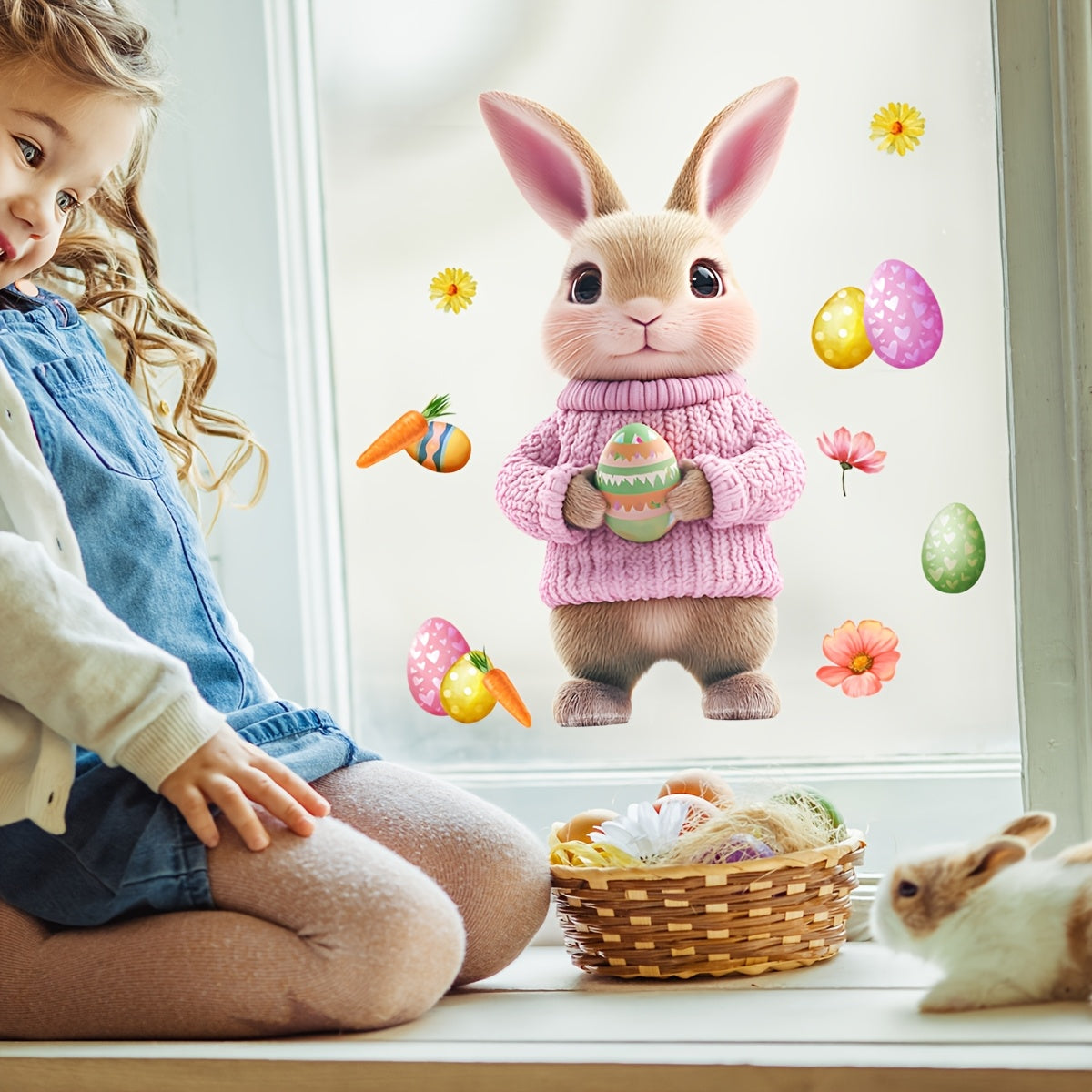 Decorate your home for spring with this adorable Easter Bunny holding egg dual-sided electrostatic window decal. This cute rabbit design features a carrot and flowers, making it the perfect addition to your Easter decor. Made from reusable PVC material