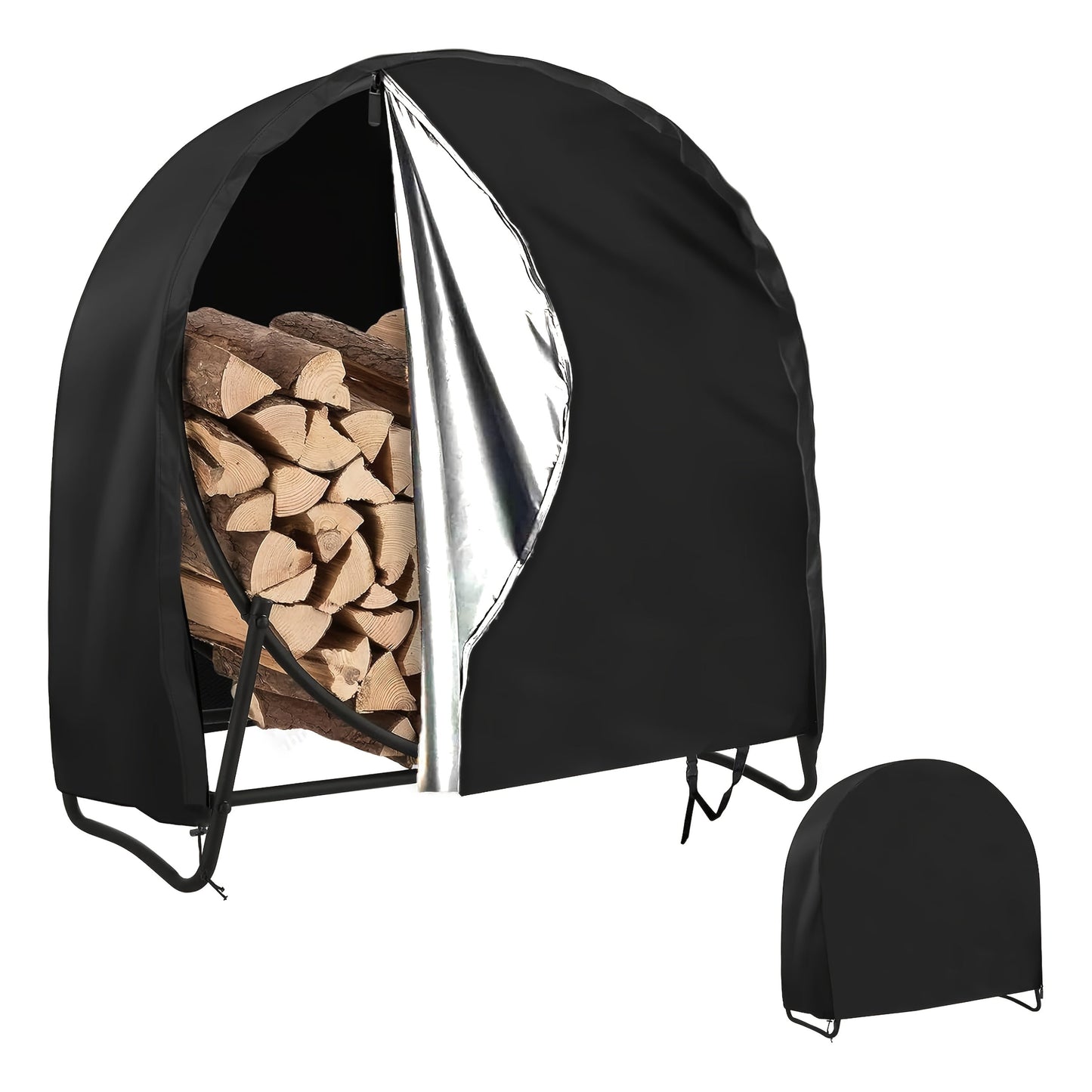 Waterproof Outdoor Log Rack Cover, Round Firewood Protector with Zipper and Wind Buckle, UV-Resistant Wooden Log Stand Storage Tarp, All-Season Weatherproof Firewood Cover for Dry Wood Storage