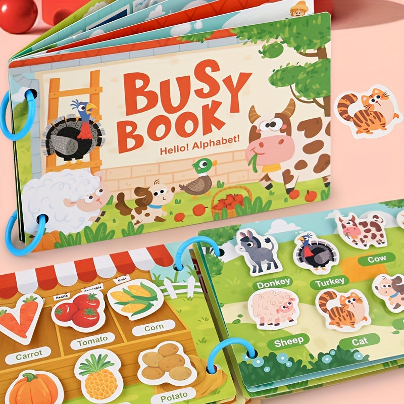 Interactive educational busy book for ages 3+ with alphabet and logic activities. Vibrant paper materials make it an early learning cognitive game, perfect for preschoolers.