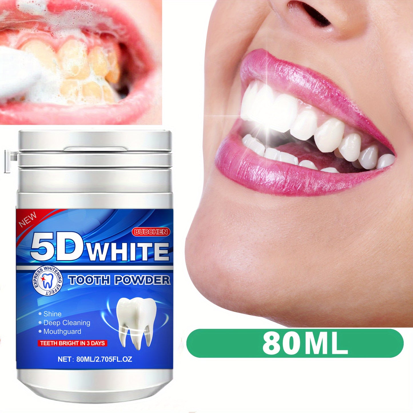 Bubchen 5D White Tooth Powder, 80ML Bottle - Deep clean with natural pearl essence for a brighter smile. Mint flavored, 6 week supply.