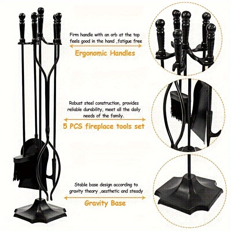 Qora metall tutqichli, zarb bilan ishlangan temir pechka aksessuarlar to'plami, turli o'lchamdagi olov pitonlari, Amana Hair 5-qismli pechka asboblari to'plami bog' va uyda ochiq foydalanish uchun