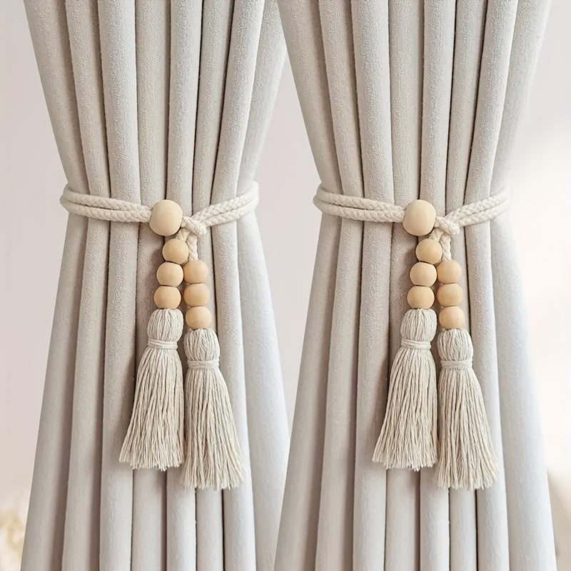 Set of 2 Bohemian Style Wooden Bead Curtain Tiebacks with Tassels - Stylish Holdbacks for Living Room, Bedroom, Kitchen Décor