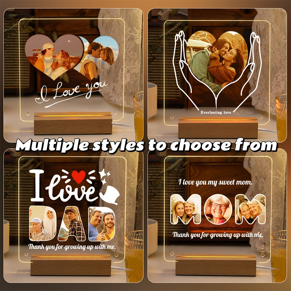 Single frame with LED light featuring personalized photo and customizable acrylic love heart design. Transparent stand for displaying pictures, perfect for celebrating special occasions such as anniversary, Valentine's Day, Christmas, Mother's Day